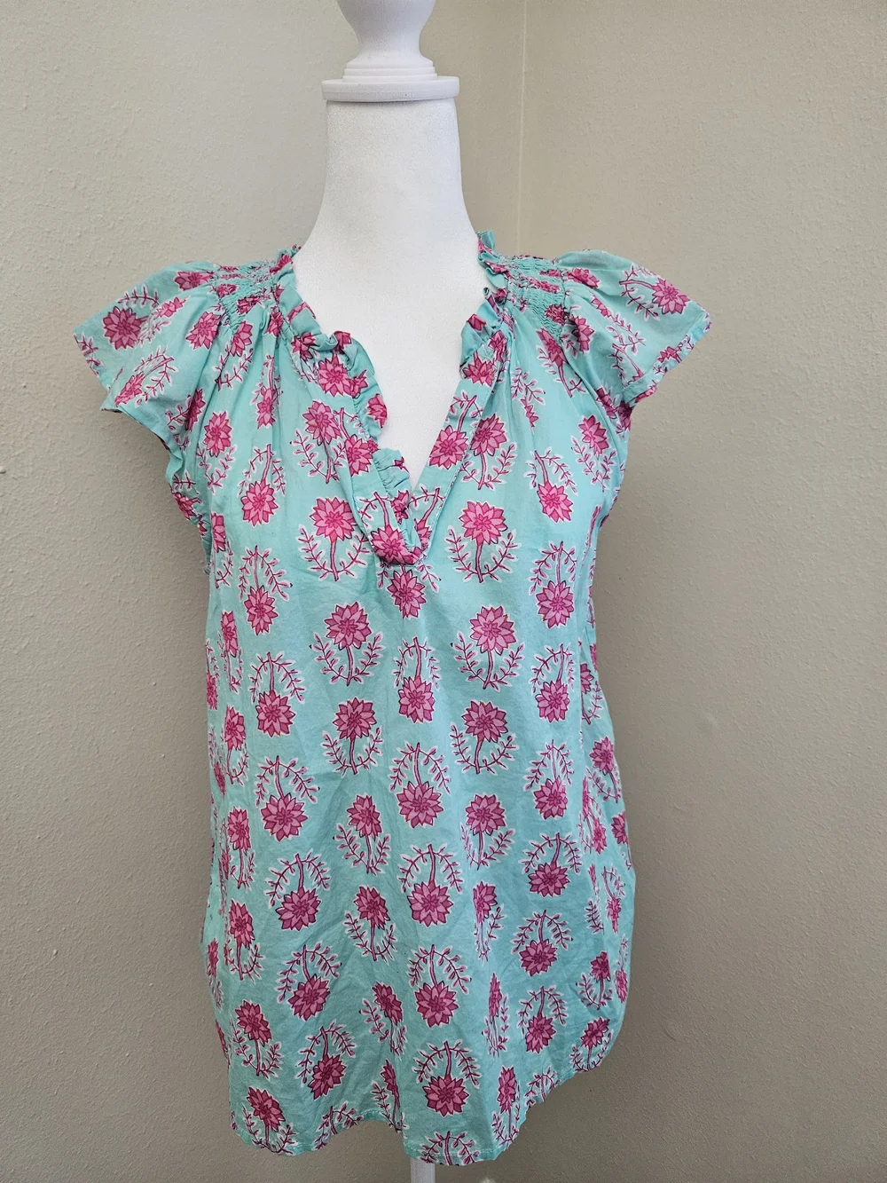 J. Crew Mint Green Blouse with Pink Floral Print